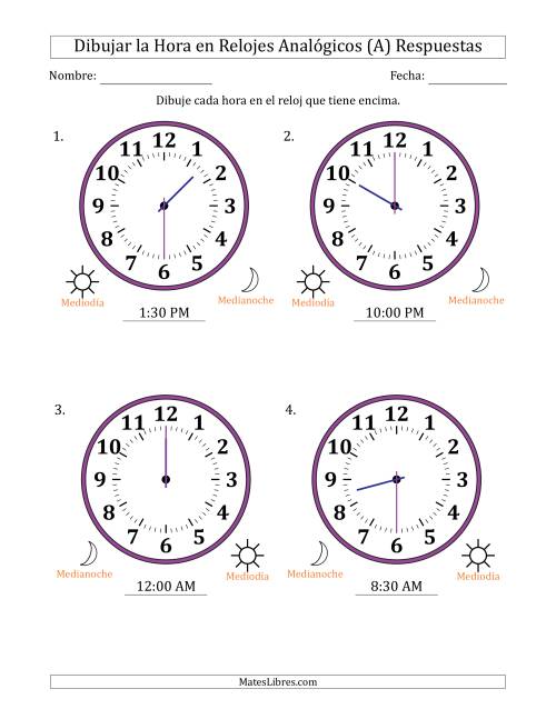 La hoja de ejercicios de Representar la Hora en Relojes Analógicos de 12 Horas en Intervalos de 30 Minuto (4 Relojes Grandes) (A) Página 2