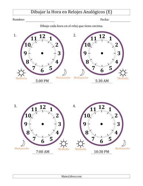 La hoja de ejercicios de Representar la Hora en Relojes Analógicos de 12 Horas en Intervalos de 30 Minuto (4 Relojes Grandes) (E)