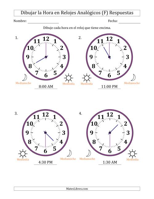 La hoja de ejercicios de Representar la Hora en Relojes Analógicos de 12 Horas en Intervalos de 30 Minuto (4 Relojes Grandes) (F) Página 2