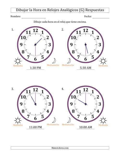 La hoja de ejercicios de Representar la Hora en Relojes Analógicos de 12 Horas en Intervalos de 30 Minuto (4 Relojes Grandes) (G) Página 2