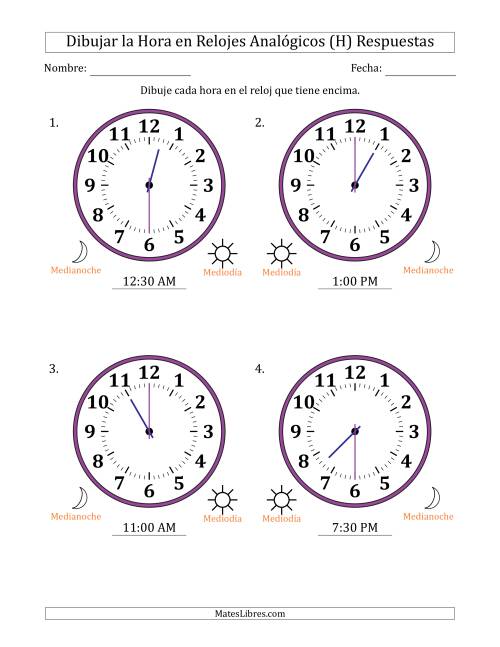 La hoja de ejercicios de Representar la Hora en Relojes Analógicos de 12 Horas en Intervalos de 30 Minuto (4 Relojes Grandes) (H) Página 2