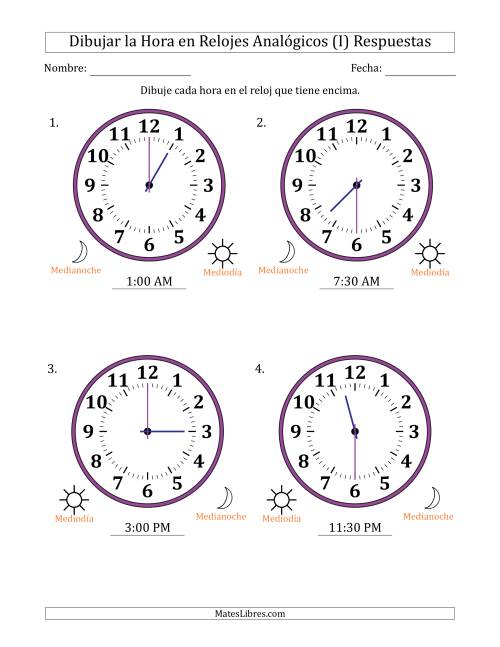 La hoja de ejercicios de Representar la Hora en Relojes Analógicos de 12 Horas en Intervalos de 30 Minuto (4 Relojes Grandes) (I) Página 2