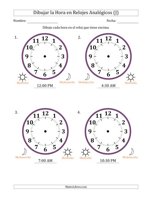 La hoja de ejercicios de Representar la Hora en Relojes Analógicos de 12 Horas en Intervalos de 30 Minuto (4 Relojes Grandes) (J)