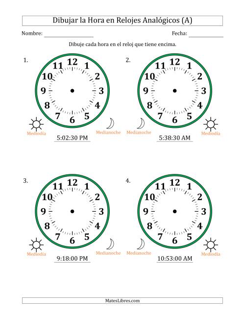 La hoja de ejercicios de Representar la Hora en Relojes Analógicos de 12 Horas en Intervalos de 30 Segundo (4 Relojes Grandes) (A)