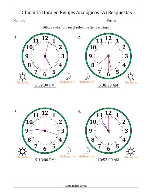 La hoja de ejercicios de Representar la Hora en Relojes Analógicos de 12 Horas en Intervalos de 30 Segundo (4 Relojes Grandes) (A) Página 2
