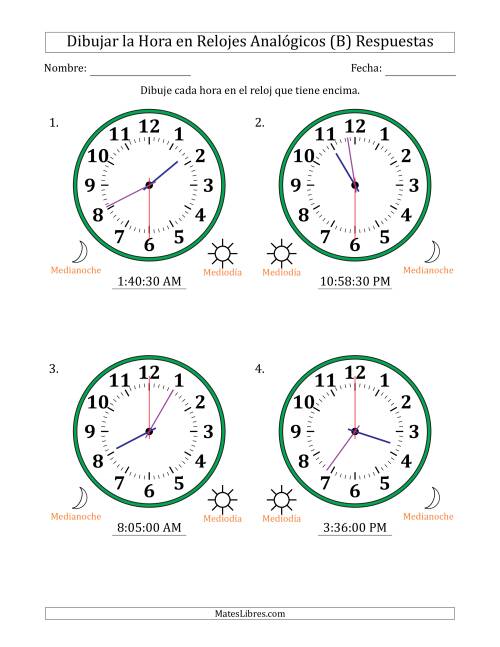 La hoja de ejercicios de Representar la Hora en Relojes Analógicos de 12 Horas en Intervalos de 30 Segundo (4 Relojes Grandes) (B) Página 2