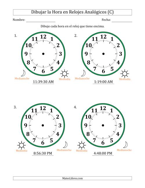 La hoja de ejercicios de Representar la Hora en Relojes Analógicos de 12 Horas en Intervalos de 30 Segundo (4 Relojes Grandes) (C)