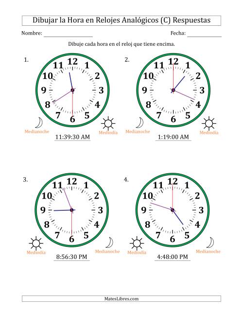La hoja de ejercicios de Representar la Hora en Relojes Analógicos de 12 Horas en Intervalos de 30 Segundo (4 Relojes Grandes) (C) Página 2