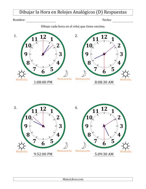 La hoja de ejercicios de Representar la Hora en Relojes Analógicos de 12 Horas en Intervalos de 30 Segundo (4 Relojes Grandes) (D) Página 2