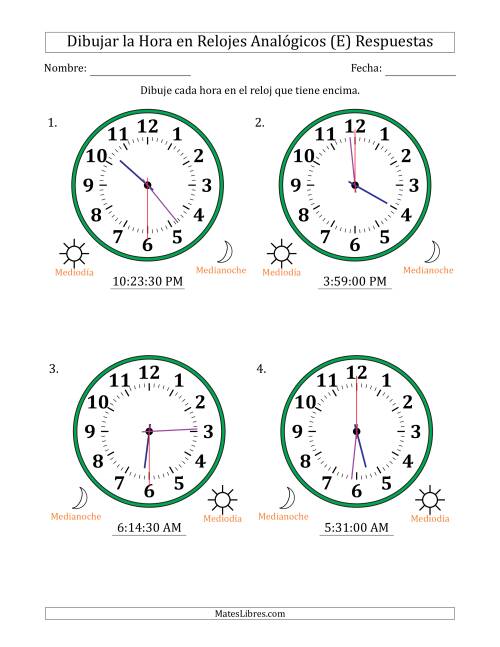 La hoja de ejercicios de Representar la Hora en Relojes Analógicos de 12 Horas en Intervalos de 30 Segundo (4 Relojes Grandes) (E) Página 2