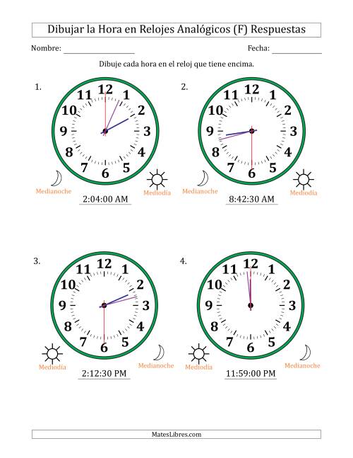 La hoja de ejercicios de Representar la Hora en Relojes Analógicos de 12 Horas en Intervalos de 30 Segundo (4 Relojes Grandes) (F) Página 2