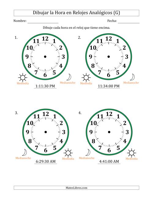 La hoja de ejercicios de Representar la Hora en Relojes Analógicos de 12 Horas en Intervalos de 30 Segundo (4 Relojes Grandes) (G)
