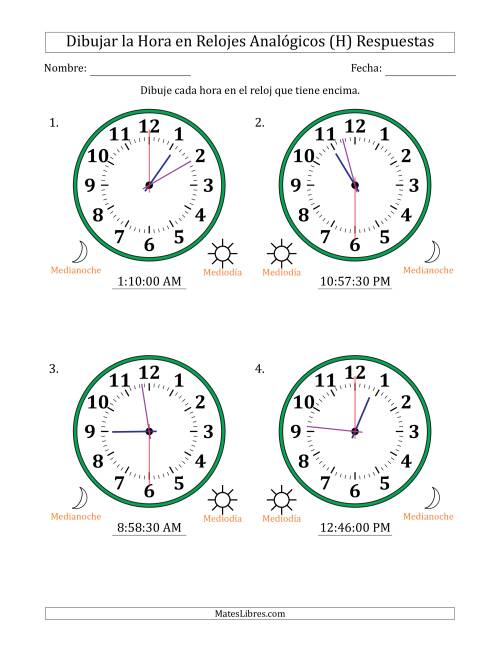 La hoja de ejercicios de Representar la Hora en Relojes Analógicos de 12 Horas en Intervalos de 30 Segundo (4 Relojes Grandes) (H) Página 2