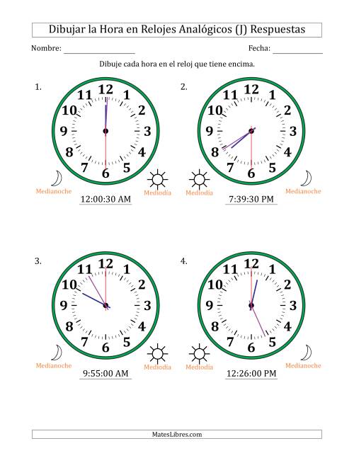 La hoja de ejercicios de Representar la Hora en Relojes Analógicos de 12 Horas en Intervalos de 30 Segundo (4 Relojes Grandes) (J) Página 2