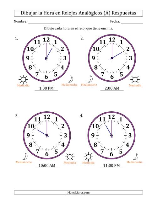 La hoja de ejercicios de Representar la Hora en Relojes Analógicos de 12 Horas en Intervalos de 1 Hora (4 Relojes Grandes) (A) Página 2