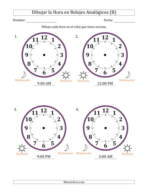 La hoja de ejercicios de Representar la Hora en Relojes Analógicos de 12 Horas en Intervalos de 1 Hora (4 Relojes Grandes) (B)