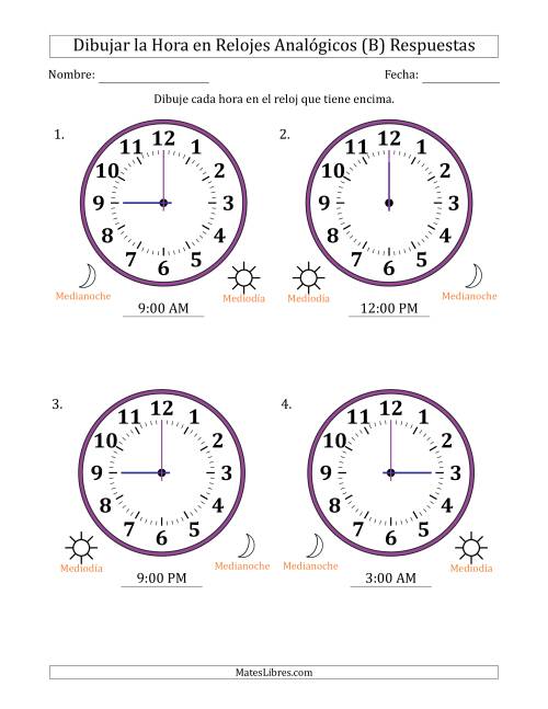 La hoja de ejercicios de Representar la Hora en Relojes Analógicos de 12 Horas en Intervalos de 1 Hora (4 Relojes Grandes) (B) Página 2