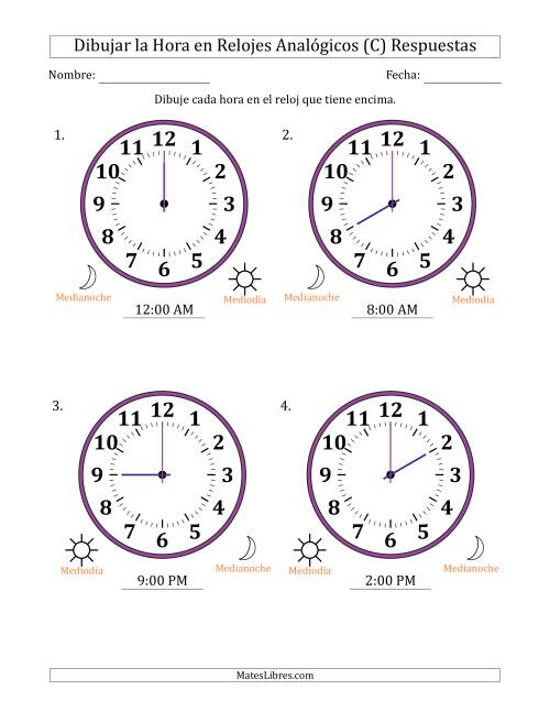 La hoja de ejercicios de Representar la Hora en Relojes Analógicos de 12 Horas en Intervalos de 1 Hora (4 Relojes Grandes) (C) Página 2