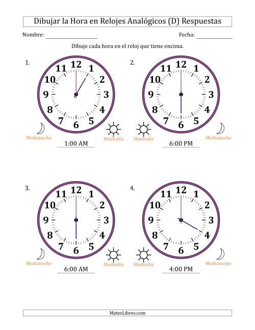 La hoja de ejercicios de Representar la Hora en Relojes Analógicos de 12 Horas en Intervalos de 1 Hora (4 Relojes Grandes) (D) Página 2
