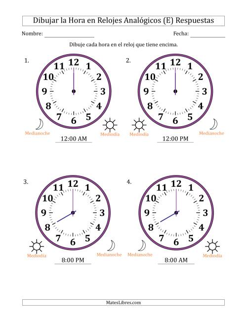 La hoja de ejercicios de Representar la Hora en Relojes Analógicos de 12 Horas en Intervalos de 1 Hora (4 Relojes Grandes) (E) Página 2
