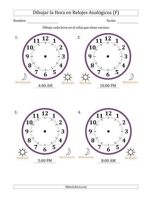 La hoja de ejercicios de Representar la Hora en Relojes Analógicos de 12 Horas en Intervalos de 1 Hora (4 Relojes Grandes) (F)