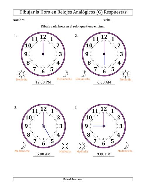 La hoja de ejercicios de Representar la Hora en Relojes Analógicos de 12 Horas en Intervalos de 1 Hora (4 Relojes Grandes) (G) Página 2