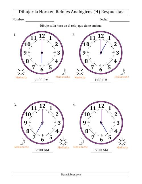 La hoja de ejercicios de Representar la Hora en Relojes Analógicos de 12 Horas en Intervalos de 1 Hora (4 Relojes Grandes) (H) Página 2