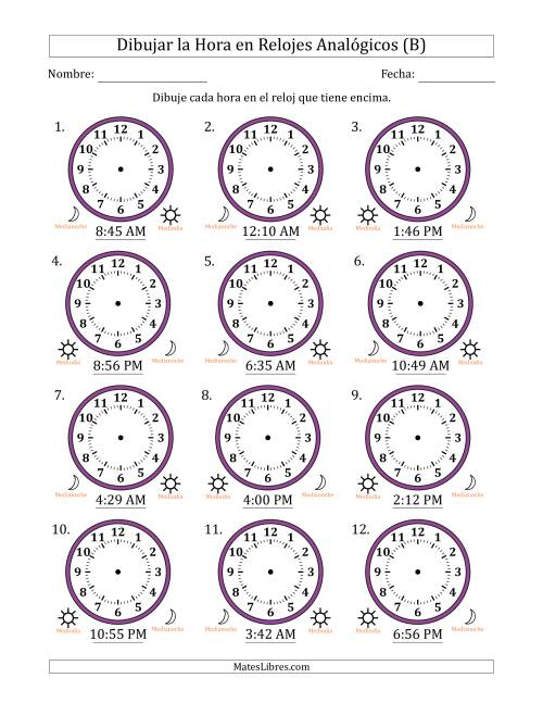 La hoja de ejercicios de Representar la Hora en Relojes Analógicos de 12 Horas en Intervalos de 1 Minuto (12 Relojes) (B)
