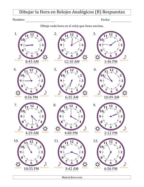 La hoja de ejercicios de Representar la Hora en Relojes Analógicos de 12 Horas en Intervalos de 1 Minuto (12 Relojes) (B) Página 2