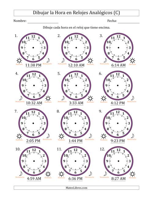 La hoja de ejercicios de Representar la Hora en Relojes Analógicos de 12 Horas en Intervalos de 1 Minuto (12 Relojes) (C)