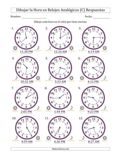 La hoja de ejercicios de Representar la Hora en Relojes Analógicos de 12 Horas en Intervalos de 1 Minuto (12 Relojes) (C) Página 2