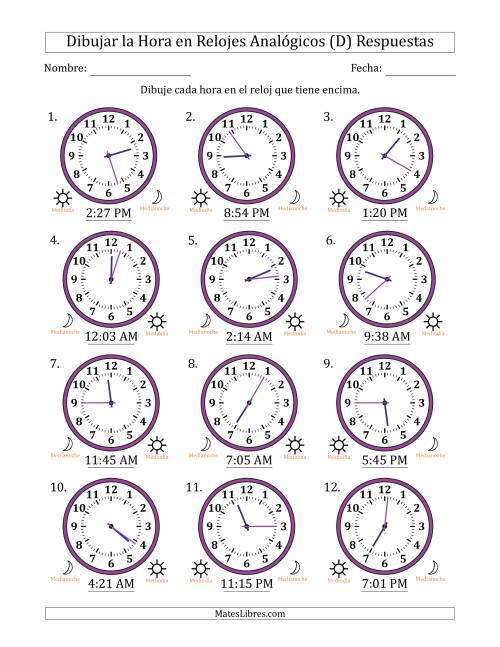 La hoja de ejercicios de Representar la Hora en Relojes Analógicos de 12 Horas en Intervalos de 1 Minuto (12 Relojes) (D) Página 2