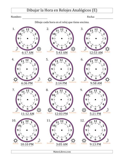 La hoja de ejercicios de Representar la Hora en Relojes Analógicos de 12 Horas en Intervalos de 1 Minuto (12 Relojes) (E)