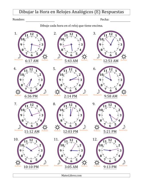 La hoja de ejercicios de Representar la Hora en Relojes Analógicos de 12 Horas en Intervalos de 1 Minuto (12 Relojes) (E) Página 2