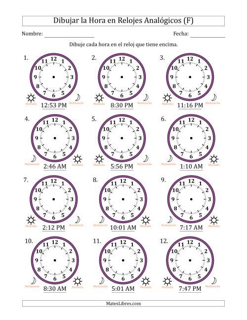 La hoja de ejercicios de Representar la Hora en Relojes Analógicos de 12 Horas en Intervalos de 1 Minuto (12 Relojes) (F)