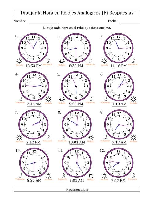 La hoja de ejercicios de Representar la Hora en Relojes Analógicos de 12 Horas en Intervalos de 1 Minuto (12 Relojes) (F) Página 2