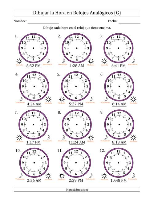 La hoja de ejercicios de Representar la Hora en Relojes Analógicos de 12 Horas en Intervalos de 1 Minuto (12 Relojes) (G)