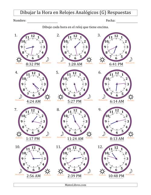 La hoja de ejercicios de Representar la Hora en Relojes Analógicos de 12 Horas en Intervalos de 1 Minuto (12 Relojes) (G) Página 2
