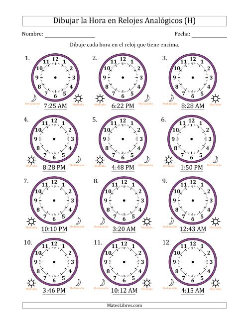 La hoja de ejercicios de Representar la Hora en Relojes Analógicos de 12 Horas en Intervalos de 1 Minuto (12 Relojes) (H)