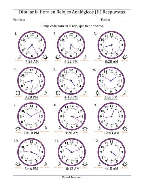 La hoja de ejercicios de Representar la Hora en Relojes Analógicos de 12 Horas en Intervalos de 1 Minuto (12 Relojes) (H) Página 2