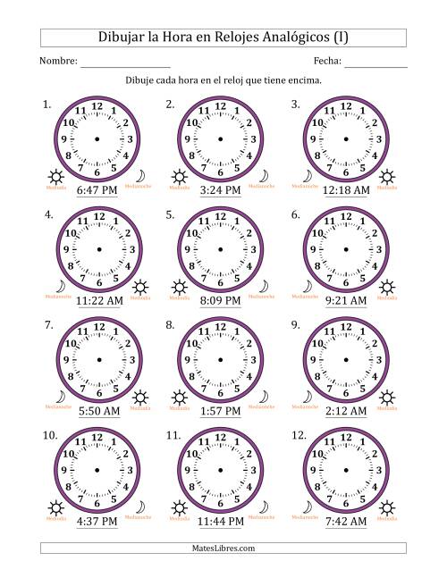 La hoja de ejercicios de Representar la Hora en Relojes Analógicos de 12 Horas en Intervalos de 1 Minuto (12 Relojes) (I)