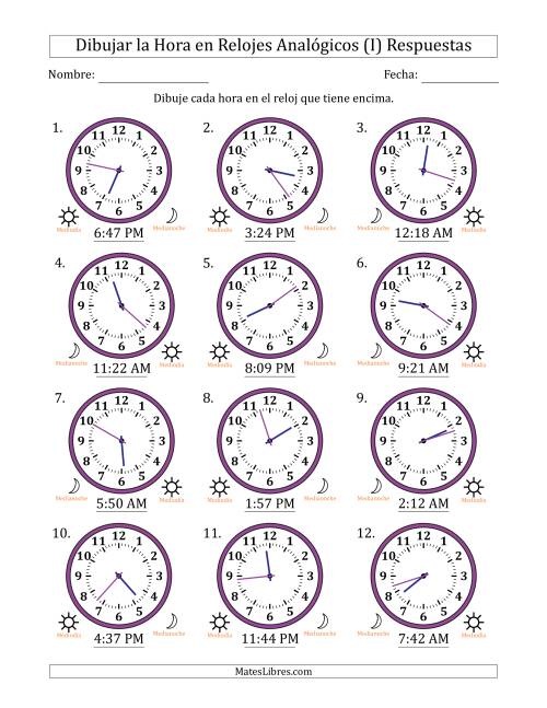 La hoja de ejercicios de Representar la Hora en Relojes Analógicos de 12 Horas en Intervalos de 1 Minuto (12 Relojes) (I) Página 2