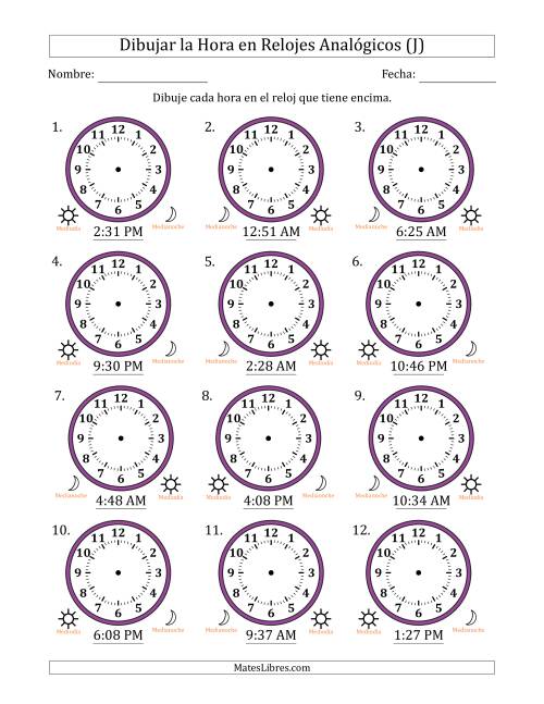 La hoja de ejercicios de Representar la Hora en Relojes Analógicos de 12 Horas en Intervalos de 1 Minuto (12 Relojes) (J)