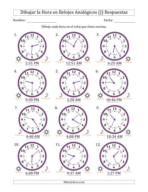 La hoja de ejercicios de Representar la Hora en Relojes Analógicos de 12 Horas en Intervalos de 1 Minuto (12 Relojes) (J) Página 2