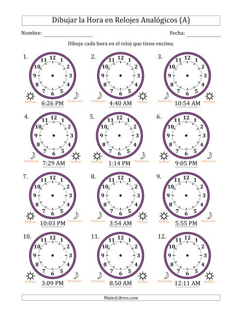 La hoja de ejercicios de Representar la Hora en Relojes Analógicos de 12 Horas en Intervalos de 1 Minuto (12 Relojes) (Todas)