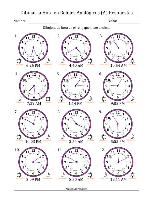 La hoja de ejercicios de Representar la Hora en Relojes Analógicos de 12 Horas en Intervalos de 1 Minuto (12 Relojes) (Todas) Página 2