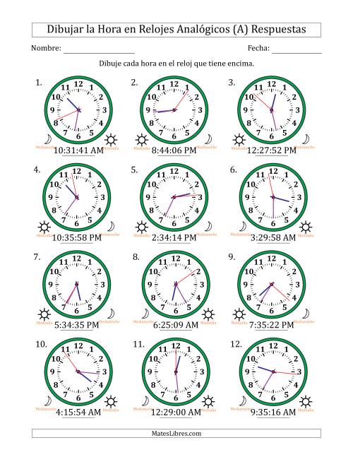 La hoja de ejercicios de Representar la Hora en Relojes Analógicos de 12 Horas en Intervalos de 1 Segundo (12 Relojes) (A) Página 2