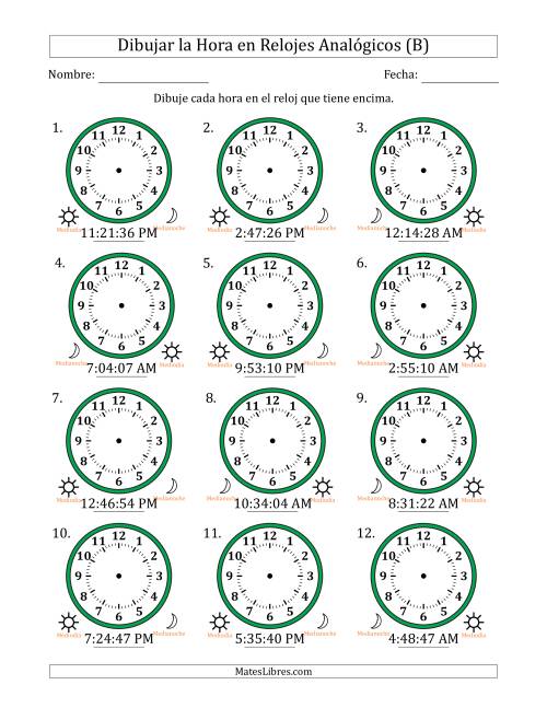 La hoja de ejercicios de Representar la Hora en Relojes Analógicos de 12 Horas en Intervalos de 1 Segundo (12 Relojes) (B)