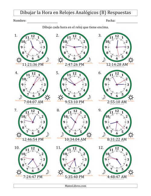La hoja de ejercicios de Representar la Hora en Relojes Analógicos de 12 Horas en Intervalos de 1 Segundo (12 Relojes) (B) Página 2