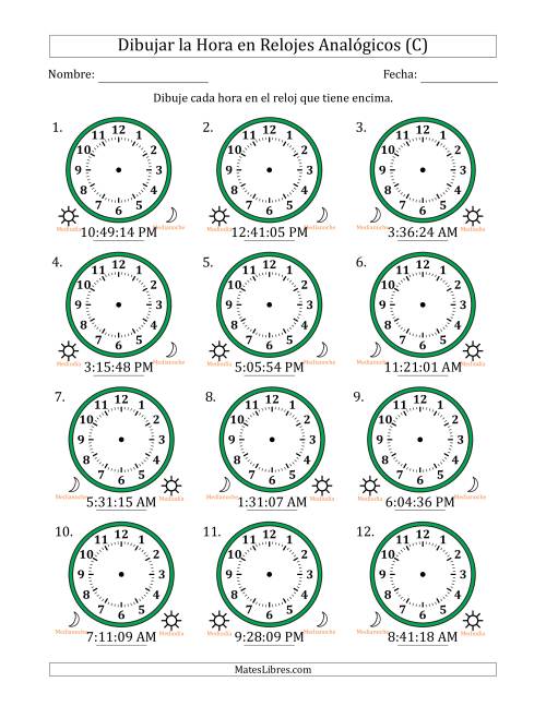 La hoja de ejercicios de Representar la Hora en Relojes Analógicos de 12 Horas en Intervalos de 1 Segundo (12 Relojes) (C)